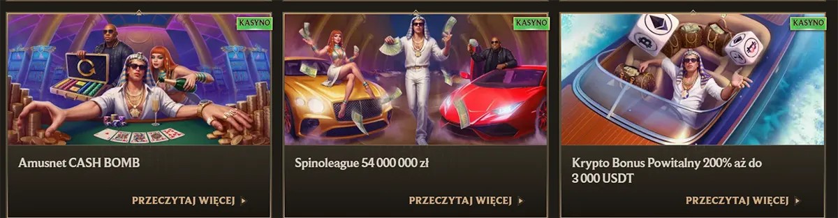 Polish casino promo cards featuring Amusnet Cash Bomb, a Spinoleague 54,000,000 zł campaign, and a crypto welcome bonus of 200% up to 3,000 USDT, each with luxury-themed artwork and “Przeczytaj więcej” links on a dark gold interface.