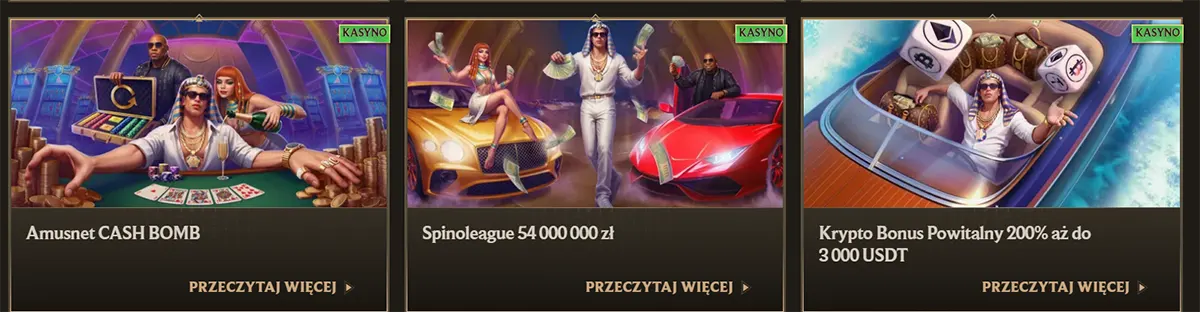 Polish casino promo cards featuring Amusnet Cash Bomb, a Spinoleague 54,000,000 zł campaign, and a crypto welcome bonus of 200% up to 3,000 USDT, each with luxury-themed artwork and “Przeczytaj więcej” links on a dark gold interface.