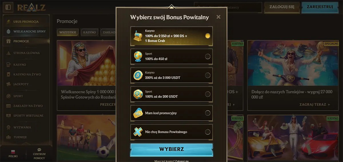 Polish casino welcome bonus selection popup with multiple bonus options for casino, sport, and crypto offers, plus promo code and no-bonus choices, and a bright blue “Wybierz” button on a dark gold casino interface.