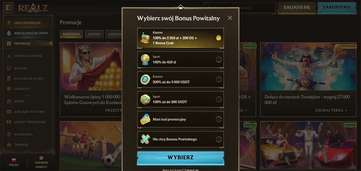 Polish casino welcome bonus selection popup with multiple bonus options for casino, sport, and crypto offers, plus promo code and no-bonus choices, and a bright blue “Wybierz” button on a dark gold casino interface.